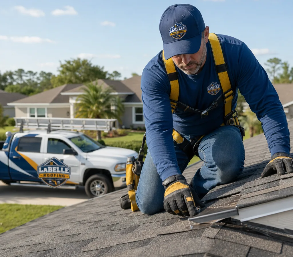 Roofer inspecting shingles and flashing on a LaBelle, Florida home while using safety equipment