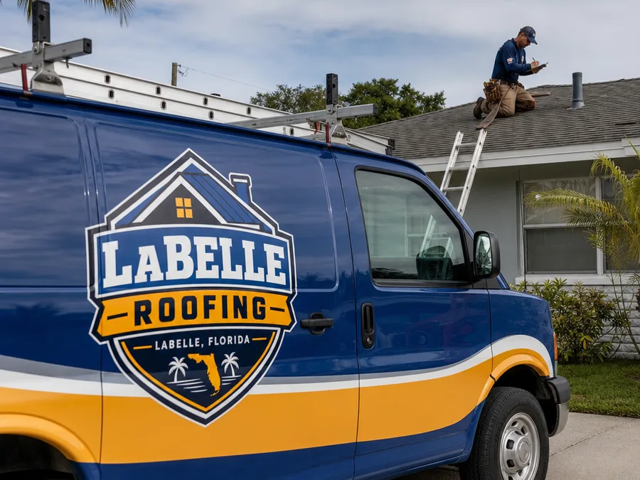 Roofing technician checking vent-pipe flashing and documenting findings on a LaBelle roof
