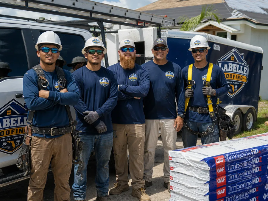 LaBelle Roofing crew wearing safety gear beside a work truck, trailer, and neatly staged roofing materials